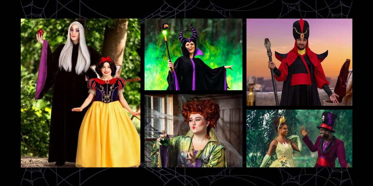A collage of people in elaborate Disney costumes as villains and princesses, including the Evil Queen with Snow White, Maleficent, Jafar, Winifred Sanderson, and Dr. Facilier with Tiana, all set against fantasy backgrounds.