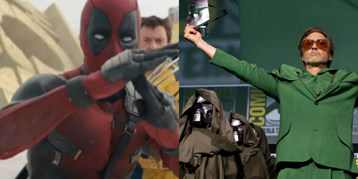 Split image: On the left, a person in a red and black superhero costume (Deadpool) poses with arms out, sand dunes in the background. On the right, an MCU-inspired figure in a green suit and orange glasses raises an arm on stage, jackets on stands nearby.