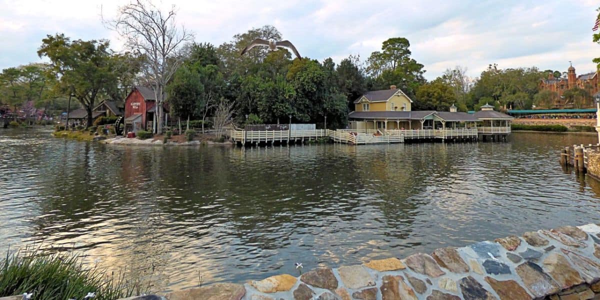 The Rivers of America at Magic Kingdom Park, looking out toward Tom Sawyer Island and the Haunted Mansion.