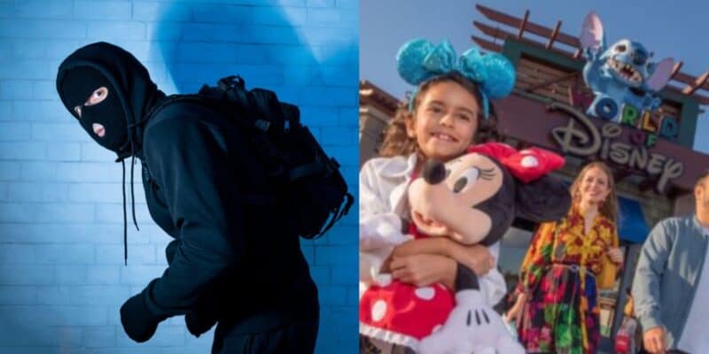 On the left, a masked person in black clothing crouches by a blue wall like a scuba heist in action. On the right, a smiling girl holds a Minnie Mouse toy at a Disney park entrance with people and a Stitch statue behind her.