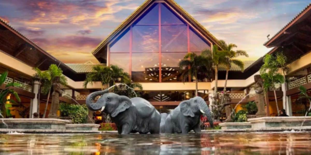 A resort courtyard with two elephant statues in a shallow pond, surrounded by palm trees and buildings with triangular roofs, set against a colorful sunset sky.