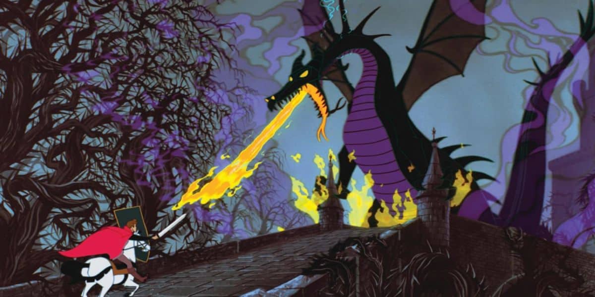 A knight in a red cape on a white horse raises his sword, bravely confronting one of the greatest villains—a large black dragon breathing fire on a stone bridge, with flames and thorny trees looming in the background.