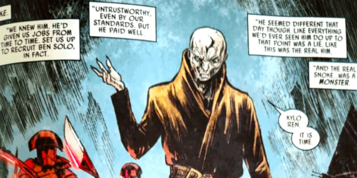 A bald, pale figure in a brown robe gestures with his left hand while speaking. Red-armored guards, reminiscent of Kylo Ren’s elite, stand to the left. Comic-style dialogue floats above them against a dark, stormy background.