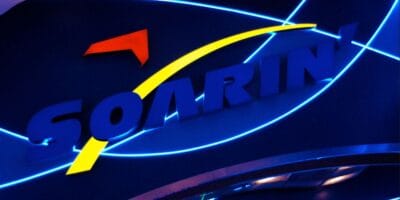 A blue SOARIN' sign at EPCOT