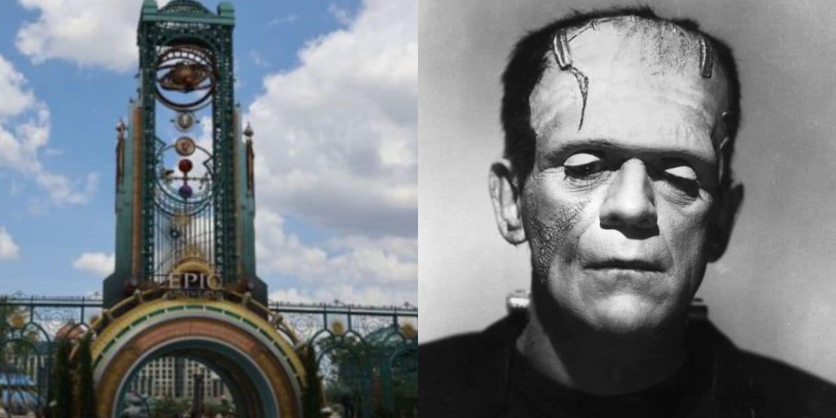 Left: Colorful, ornate entrance gate with arches and decorations under a blue sky. Right: Black-and-white portrait of Frankenstein’s monster, echoing Universal Classic Monsters, with bolts in their neck and a stitched forehead.