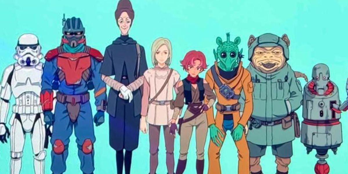A lineup of animated Star Wars characters, including a stormtrooper, various aliens, and humans, all standing side by side against a light blue background.