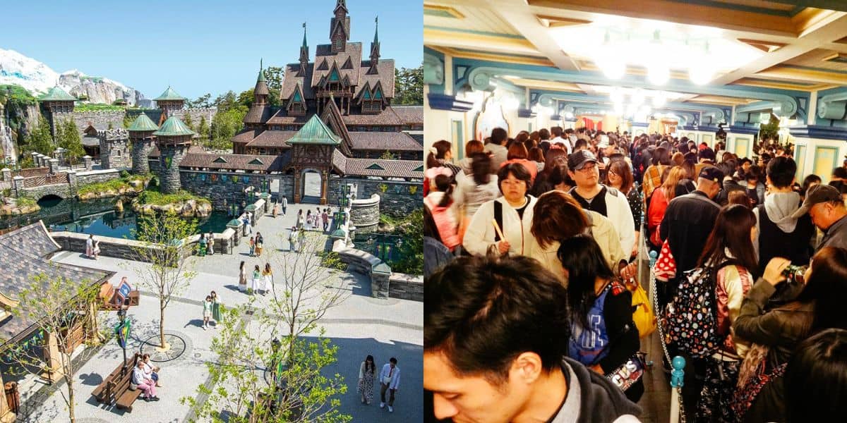 Arendelle in Fantasy Springs (left), crowds at Tokyo Disney Resort (right)