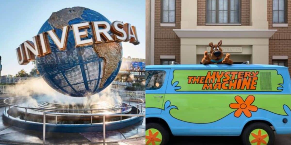 The image shows the iconic Universal Studios globe statue on the left and the colorful Mystery Machine van with a scared Scooby-Doo on top, parked in front of a brick building at Universal Orlando on the right.