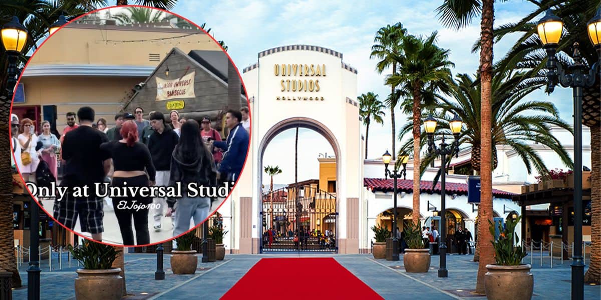 A large archway entrance to Universal Studios Hollywood with a red carpet and palm trees, overlaid by a circular inset showing a crowd gathered around street performers inside the theme park.