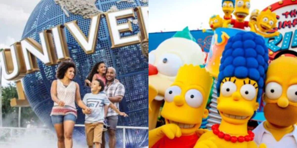 Split image: On the left, a smiling family enjoys Universal Orlando Attractions near the iconic globe. On the right, visitors pose with The Simpsons characters in front of a colorful backdrop at Universal Orlando.