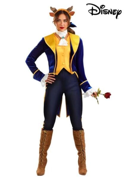 A woman channels witchful thinking in one of the best Disney costumes, dressed as the Beast from "Beauty and the Beast." She holds a red rose and wears brown boots, dark pants, a gold vest, blue coat, and a headband with horns and ears.