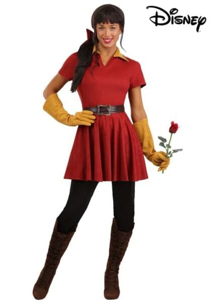 A woman dressed as a female version of Gaston from Disney's "Beauty and the Beast," wearing a red dress, brown boots, yellow gloves, and holding a red rose, stands smiling against a white background featuring one of the best Disney costumes.