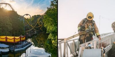 Left: A yellow roller coaster with loops and twists rises above green trees and a calm lake at sunset. Right: A firefighter in full gear climbs a ladder, holding equipment, against a bright sky as a theme park incident unfolds.