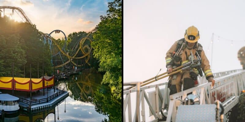 Left: A yellow roller coaster with loops and twists rises above green trees and a calm lake at sunset. Right: A firefighter in full gear climbs a ladder, holding equipment, against a bright sky as a theme park incident unfolds.