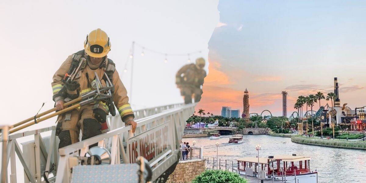 A firefighter in uniform climbs a ladder on the left, while on the right, a scenic waterfront at Universal Orlando showcases boats and amusement park rides set beneath a pastel sunset sky at Universal Orlando Resort.