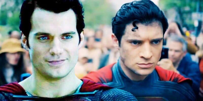 Split image: Henry Cavill as Superman smiling on the left, David Corenswet as Superman upset on the right