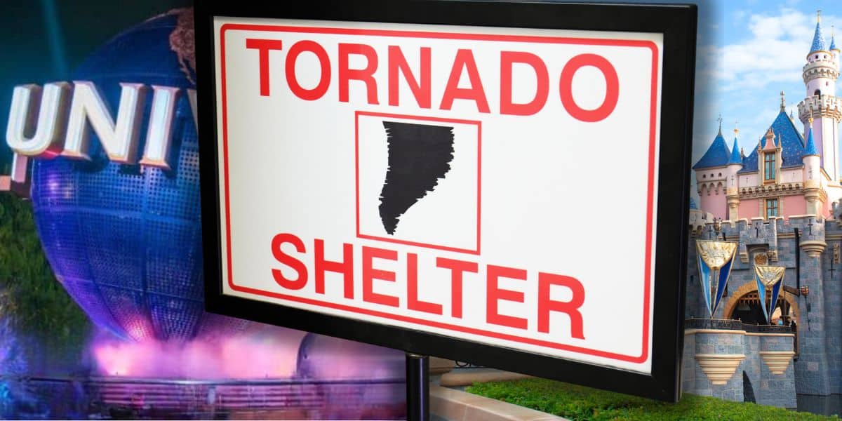 A "Tornado Shelter" sign with a tornado graphic is displayed in front of blurred backgrounds of Universal Studios on the left and a Disneyland castle on the right.