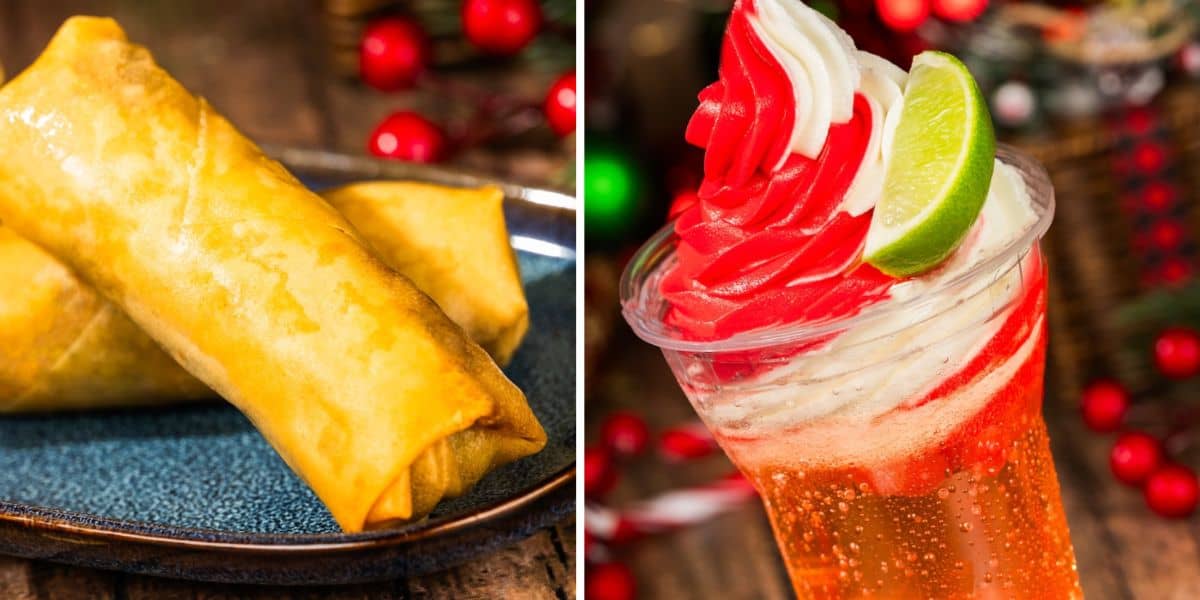 Two golden-brown spring rolls on a blue plate (left) and a festive red and white swirled soft-serve float with a lime wedge in a clear cup (right), served at Disney World with holiday decorations in the background.