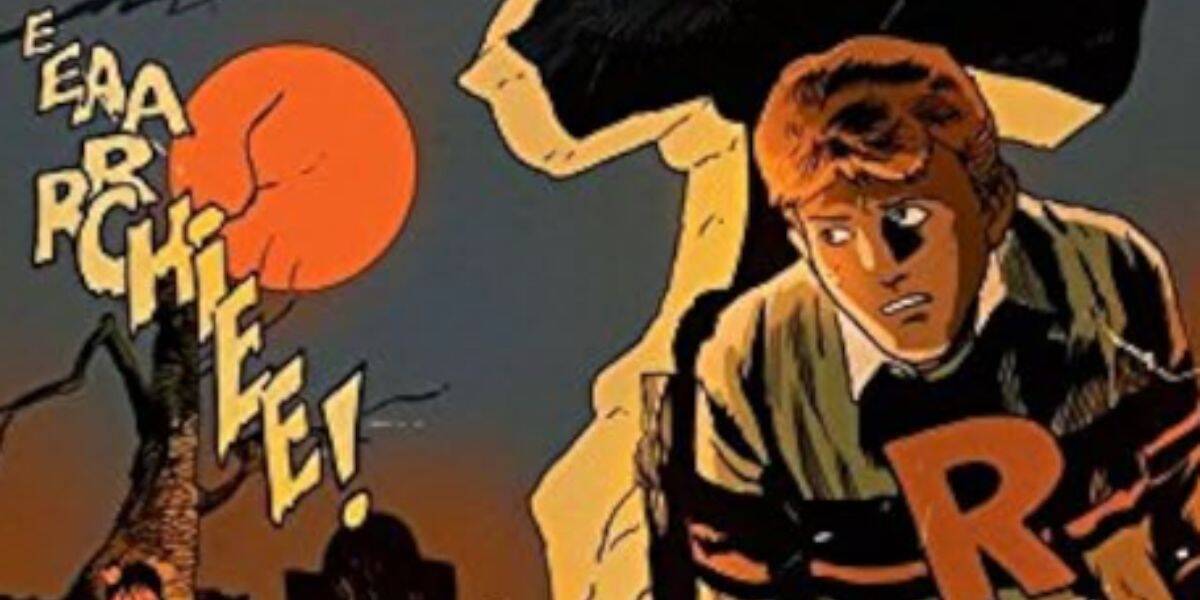 A comic-style illustration shows a startled boy in a striped Riverdale sweater with a large "R," glancing left as a full red moon rises. Comic sound effects spelling “EEAARGH!” appear beside him.