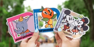 Two hands hold three colorful Walt Disney World passholder stickers featuring Dumbo, Orange Bird, and Mickey and Minnie Mouse with a blurred outdoor background.