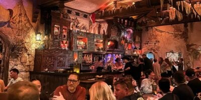A busy, dimly lit bar with detailed, medieval-style wooden decor. Patrons sit at tables and the bar, surrounded by ornate shelves filled with bottles and skulls, under a warm, ambient glow.