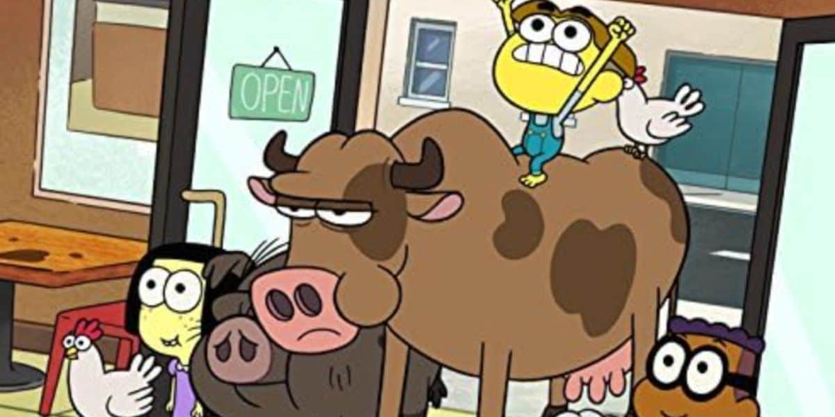 A cartoon boy stands triumphantly on a large brown cow inside a shop, joined by a pig, chicken, and two animated friends, as an "OPEN" sign hangs in the background—capturing the playful spirit of Disney Channel broadcasting.