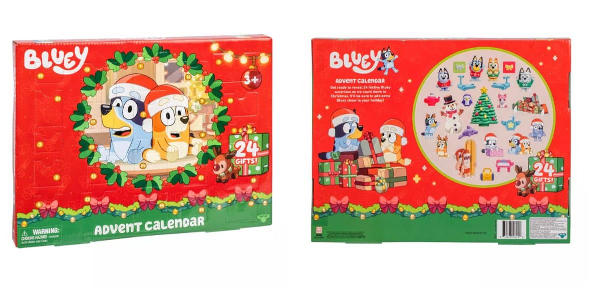 Front and back of a Disney Bluey Advent Calendar box, decorated with Christmas lights, Bluey characters in Santa hats, and a display of 24 small gifts inside, intended for ages 3 and up.