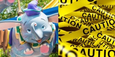 A split image showing the Disney World Dumbo the Flying Elephant attraction on the left and a pile of yellow caution tape with the word "CAUTION" on the right.