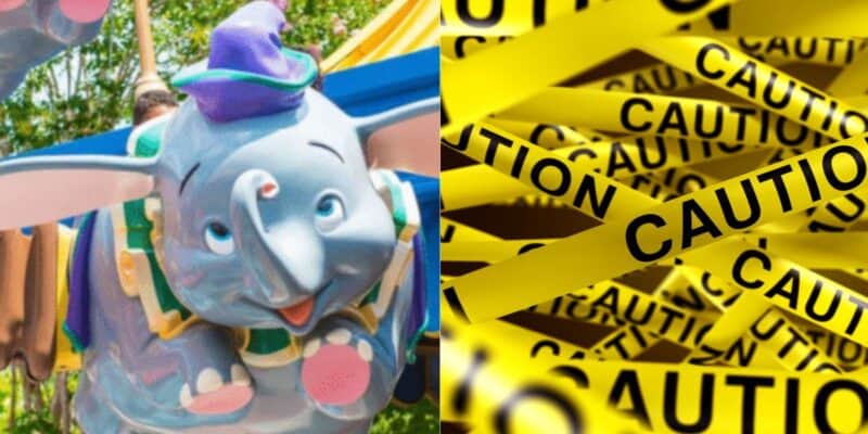 A split image showing the Disney World Dumbo the Flying Elephant attraction on the left and a pile of yellow caution tape with the word "CAUTION" on the right.