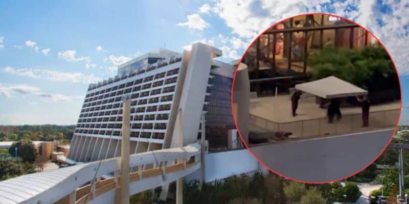 A modern hotel building with large windows and an elevated walkway is shown. An inset circle zooms in on a few people standing near a white canopy on a terrace outside the hotel.