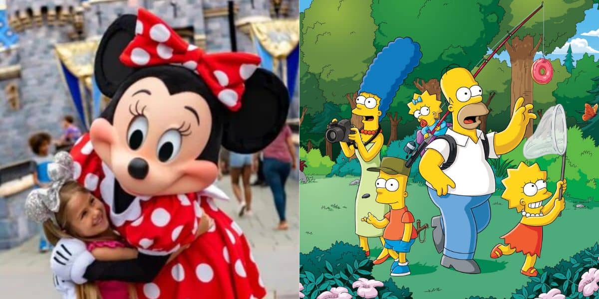 On the left, a child hugs Minnie Mouse at a Disney theme park. On the right, The Simpsons family enjoys the outdoors—Marge takes photos, Homer carries supplies, and Bart and Lisa explore.