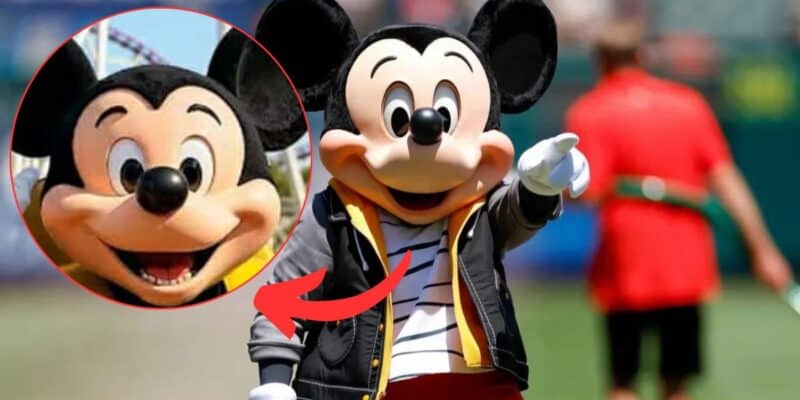 A person in a Mickey Mouse costume smiles and points forward outdoors; a circular inset shows a close-up of the character’s face with an arrow pointing to the main image.