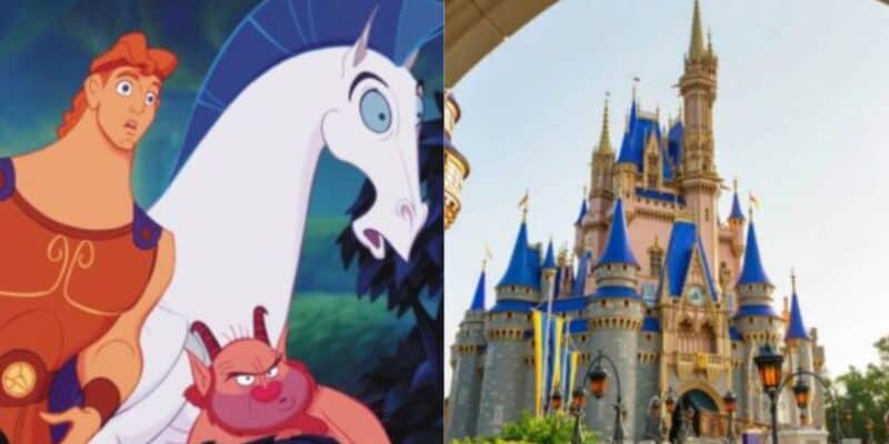 Split image: Left shows animated characters from Disney’s “Hercules”—Hercules, Pegasus, and Phil. Right shows Cinderella Castle at Walt Disney World under a blue sky, exciting Disney fans with dreams of a new land in the theme park.