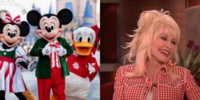Minnie Mouse, Mickey Mouse, and Donald Duck in festive outfits stand together outside Disney World; beside them, a woman with blonde hair in a red checkered shirt smiles during a holiday interview on a talk show set.