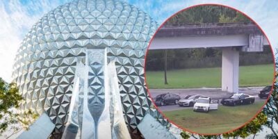 A photo of Epcot’s Spaceship Earth geodesic sphere is shown on the left, with an inset circle on the right displaying several cars stopped on a road under an overpass, with car doors open on grassy surroundings.