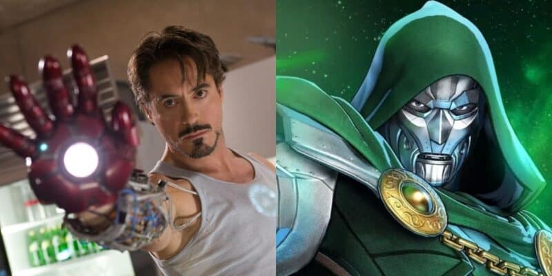 A split image shows Iron Man, wearing his armor and raising his hand with a glowing palm, on the left, and Doctor Doom, wearing a green hood and metal mask, on the right.
