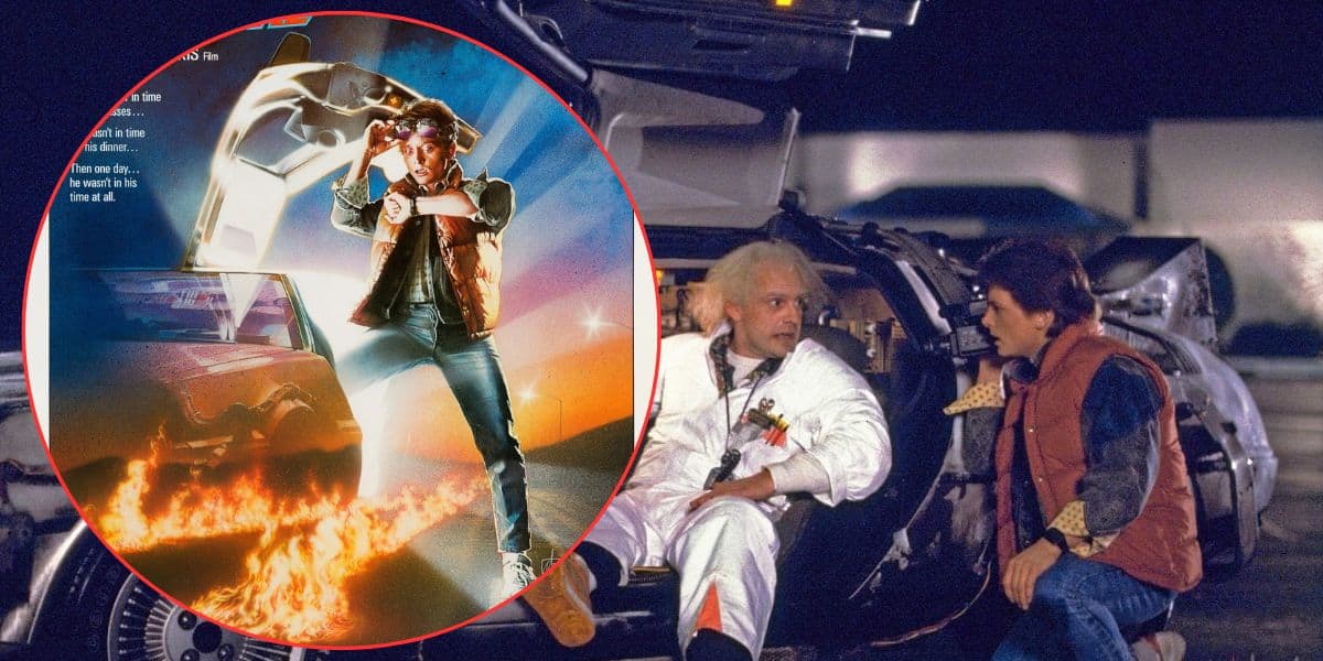 A scene from "Back to the Future" shows two stars, one in a white lab coat and another in a red vest, sitting by an open car door, with a movie poster featuring a flaming car inset over the image.