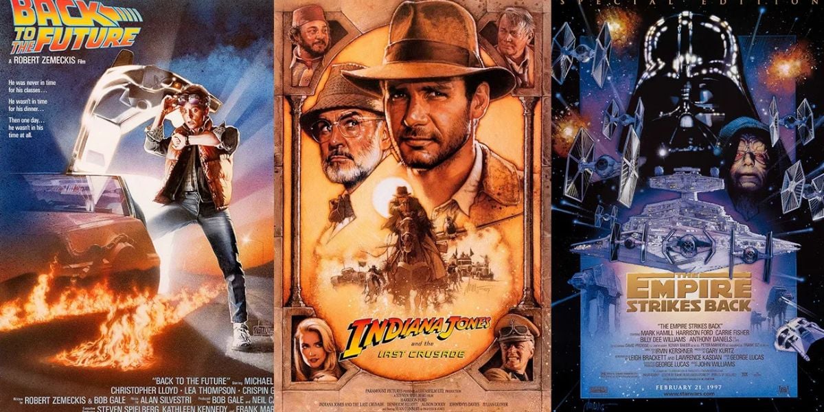 Three iconic 1980s movie posters: "Back to the Future" with Marty next to a flaming DeLorean, "Indiana Jones and the Last Crusade" featuring Indy in a fedora, and "The Empire Strikes Back" with Darth Vader and the main cast.
