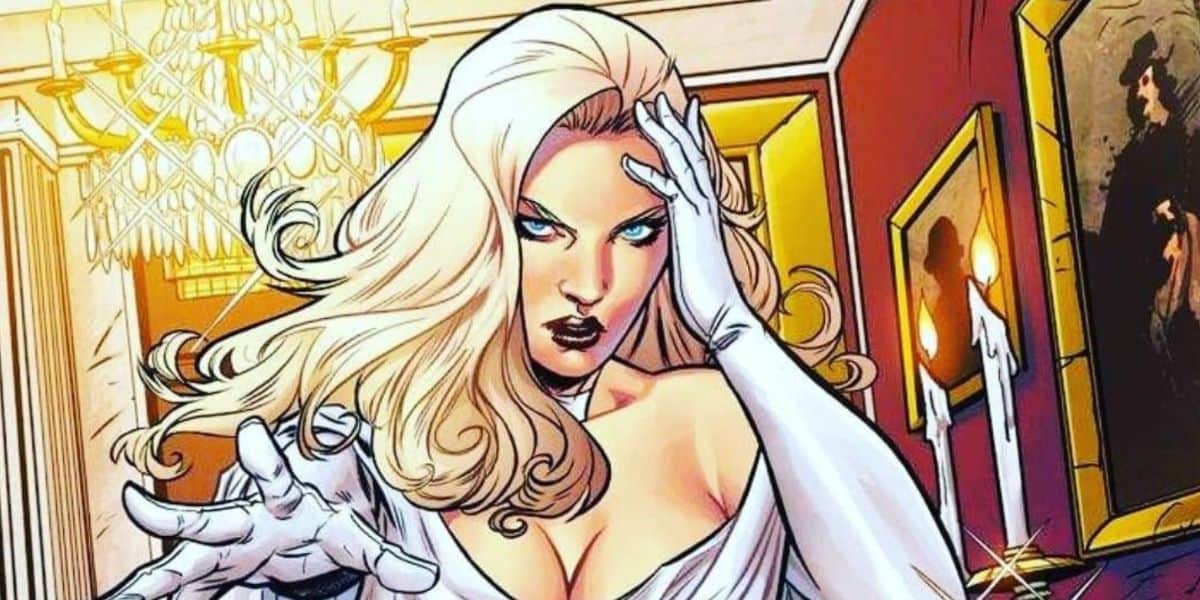 A comic-style illustration of a woman with long blonde hair and blue eyes, reminiscent of a robert downey jr. movie scene, wearing a white outfit and gloves, striking a dramatic pose in an elegant room adorned with a chandelier and portrait paintings.