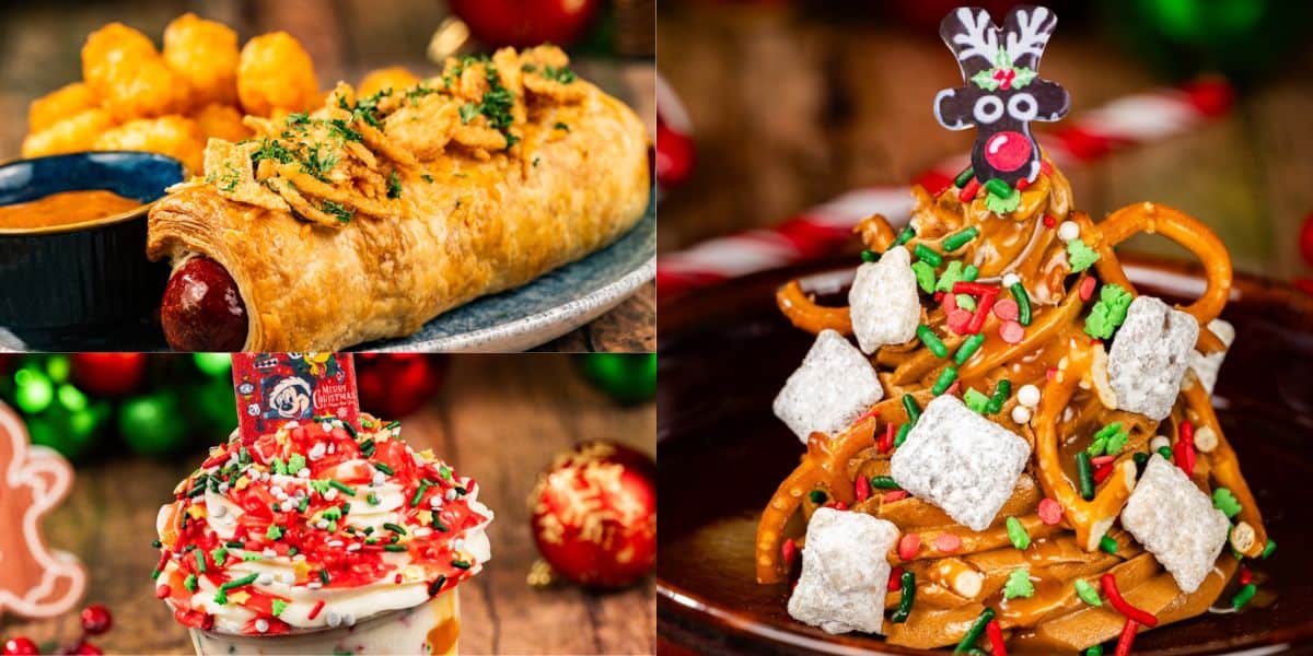 A collage of festive holiday foods at Disney World: a sausage roll topped with crispy onions and tater tots, a swirl sundae with red and green sprinkles, and a dessert decorated as a reindeer with pretzels and powdered sugar.