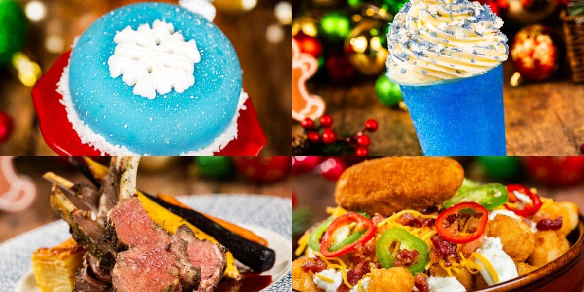 Four festive Disney World dishes: a blue dome dessert with a white snowflake on top, a blue whipped cream drink with silver sprinkles, lamb chops with vegetables, and loaded tater tots topped with cheese, bacon, and peppers.