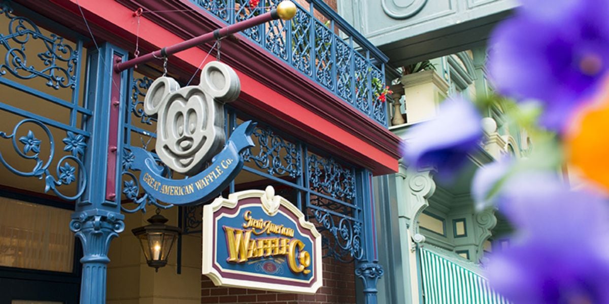 Mickey Mouse-shaped sign on the exterior of Great American Waffle Co. at Tokyo Disneyland