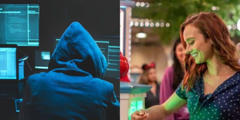 Split image: On the left, a person in a hoodie faces computer screens with code in a dark room. On the right, a woman in a polka-dot dress smiles while pressing a button at a brightly lit interactive display.