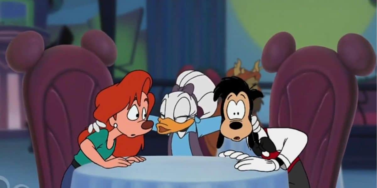 Three animated characters—a red-haired woman, a white duck, and a tall dog—sit around a table with worried expressions in the House of Mouse, two purple chairs shaped like mouse ears behind them.