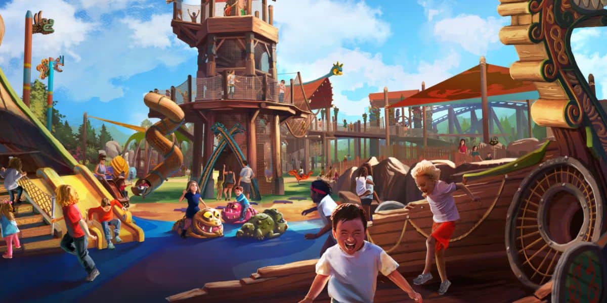 Children play joyfully at a vibrant playground featuring slides, climbing structures, and a wooden ship, creating an epic universe of adventure. The scene is bright and lively, with kids laughing and running under a clear blue sky.