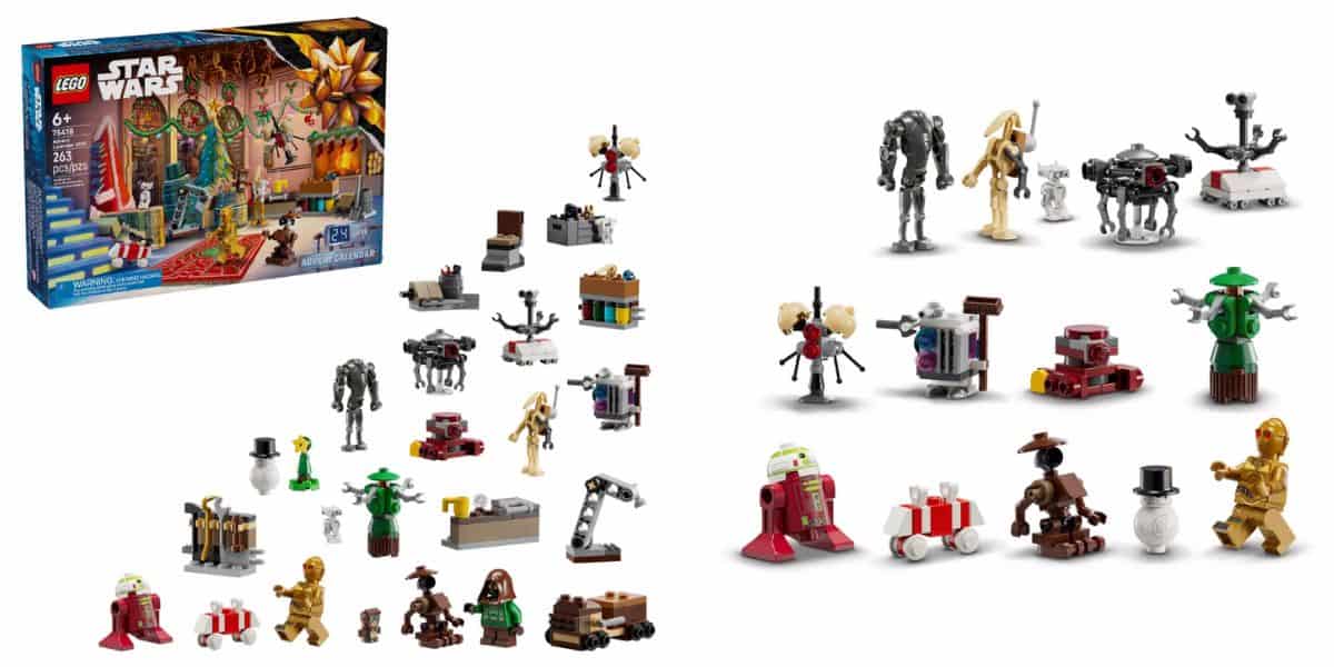 LEGO Star Wars Advent Calendar set with box on the left and 24 small Disney and Star Wars-themed figures and holiday builds, including droids and characters, displayed on the right.