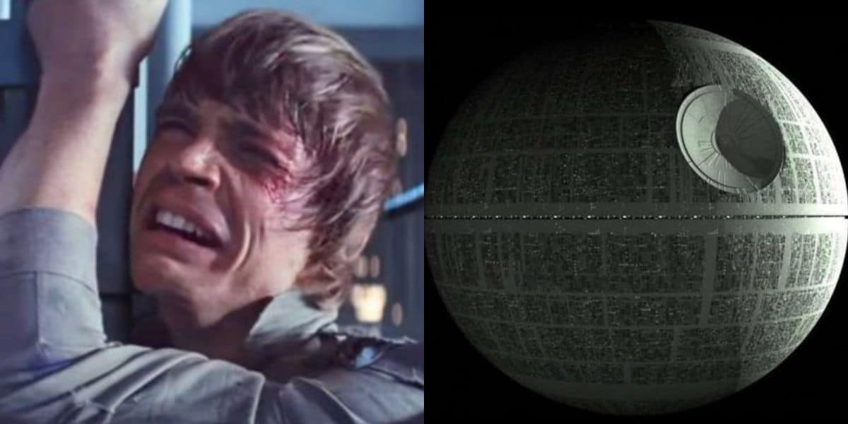 A split image: on the left, a distressed man with a bruised face clings to a railing; on the right, a large, gray, spherical space station with a prominent circular indentation.