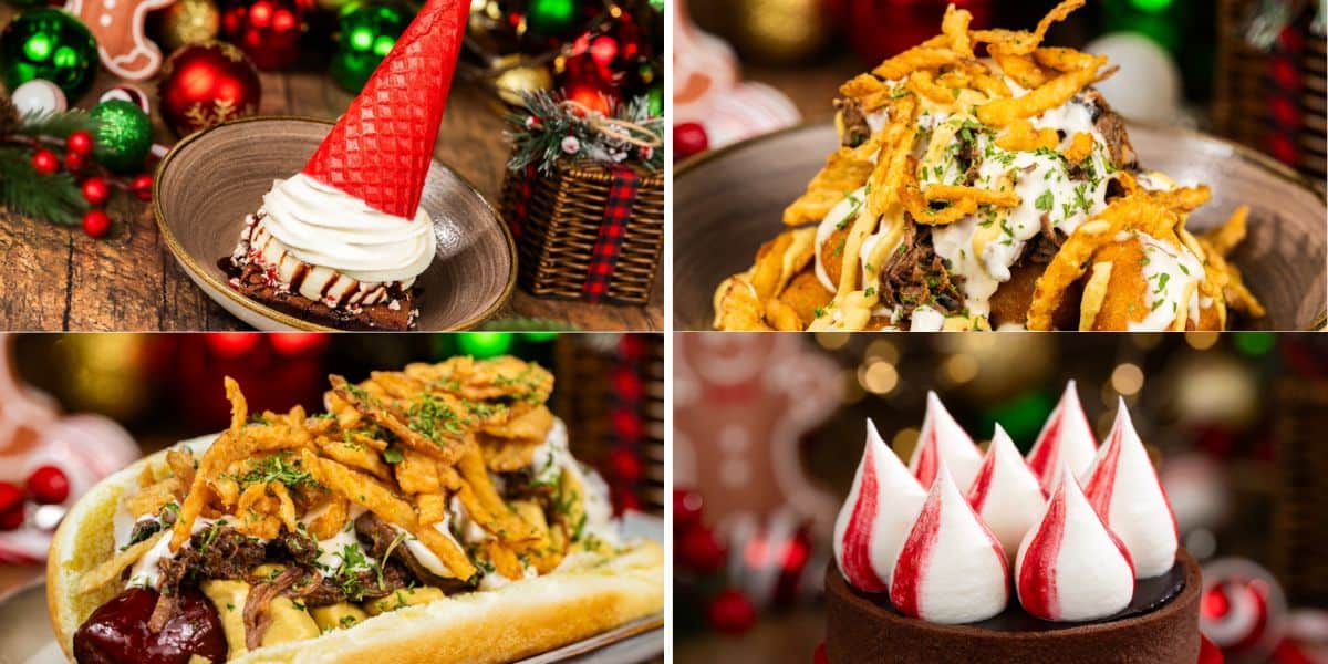 A collage of four festive holiday desserts and snacks at Disney World, including an ice cream dessert with a red cone, loaded fries, a sandwich with crispy toppings, and a chocolate treat with red and white meringue peaks amid Christmas decorations.