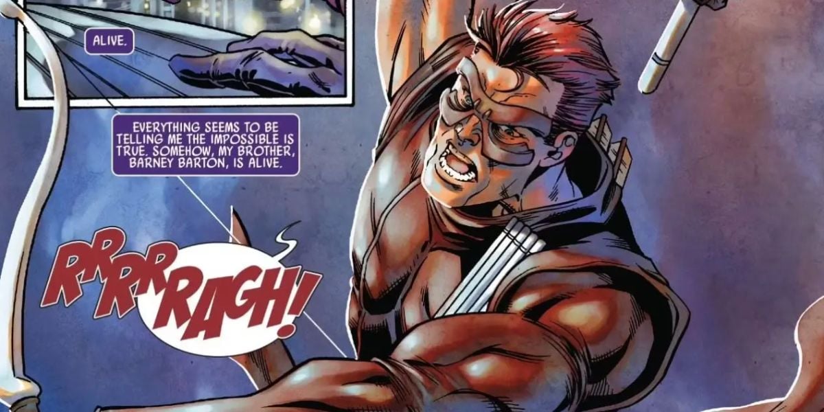 A comic book illustration of Hawkeye in a sleeveless outfit and mask, shouting with a bow in hand. A text box reads: "My brother, Barney Barton, is alive." The sound effect "RRRARRGH!" appears in bold letters.