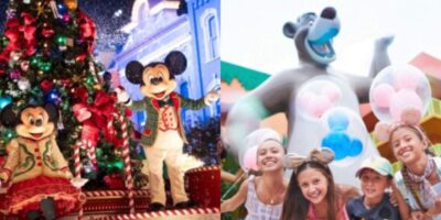 Mickey and Minnie Mouse in festive outfits by a Christmas tree on the left; four smiling children with balloons and mouse ears pose in front of a Disney Baloo statue at a theme park on the right.
